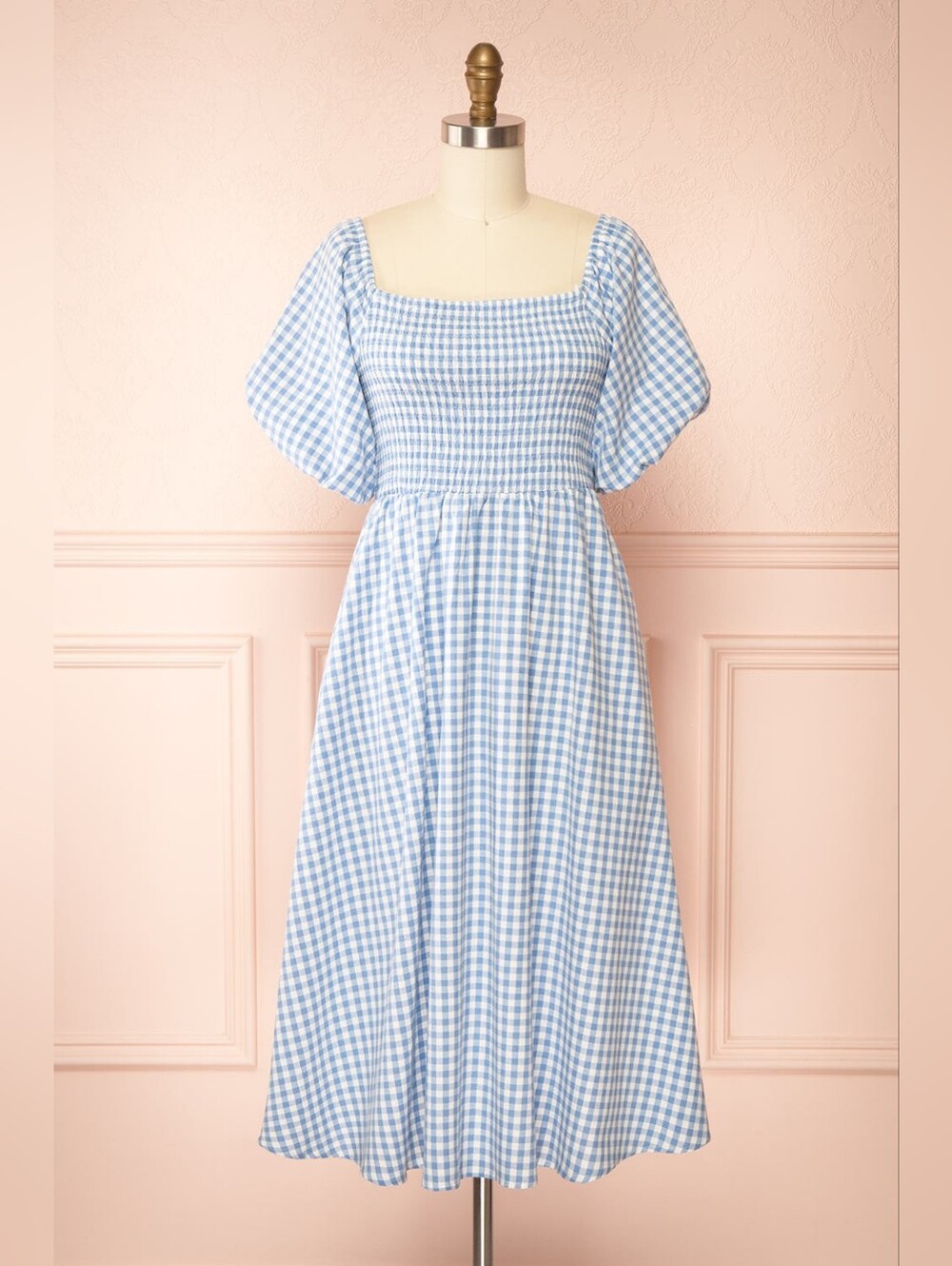 Boutique 1861 - Gingham Midi Dress W/ Puffy Sleeves